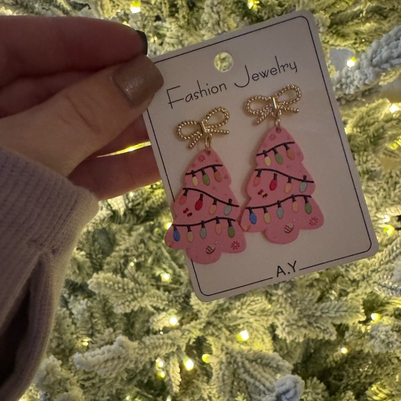 Pink Christmas Tree Earrings - Picture 2 of 3